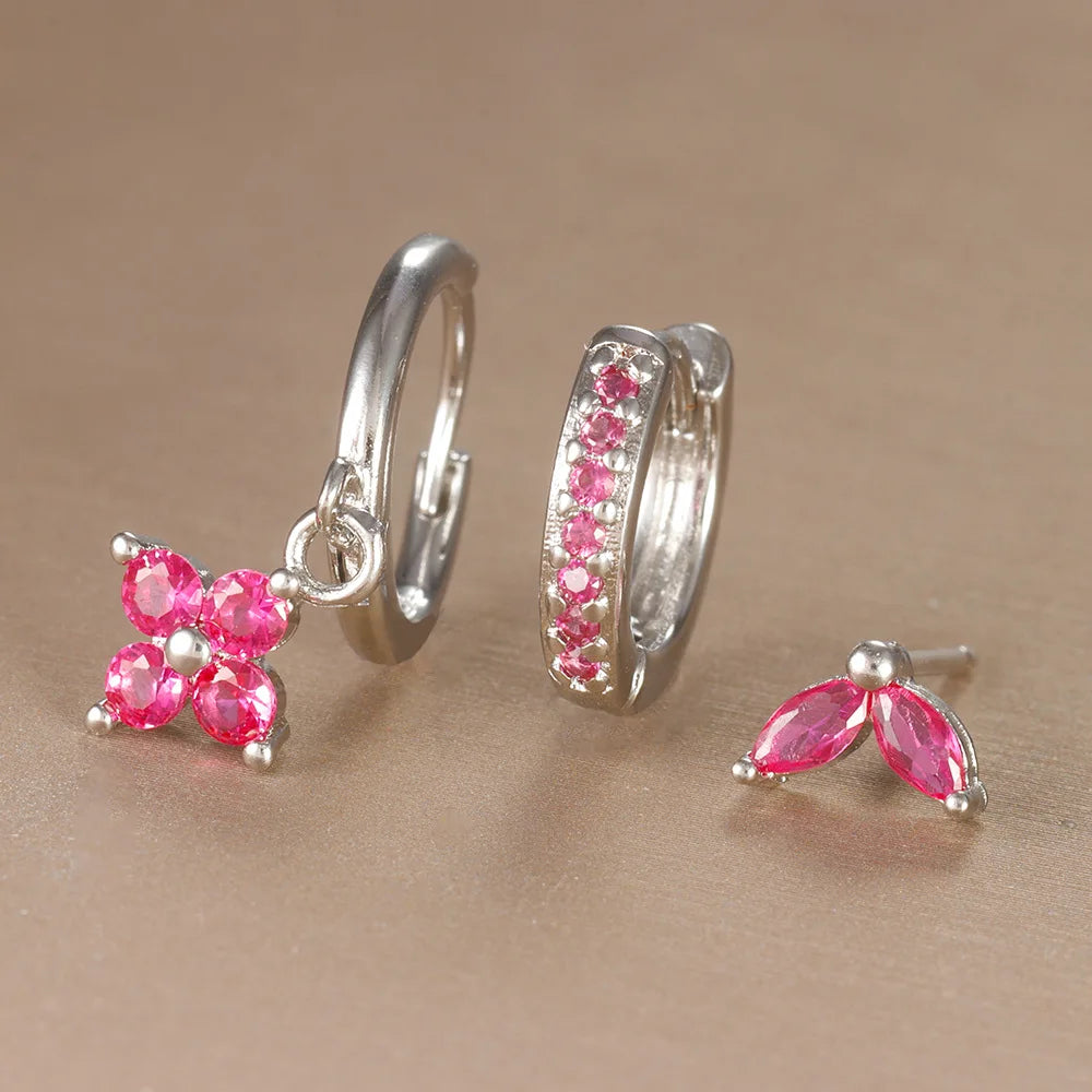 Set 3 Boucles d'Oreilles Pendantes Fleurs Or Femme - Cristaux Zirconia Acier Inoxydable