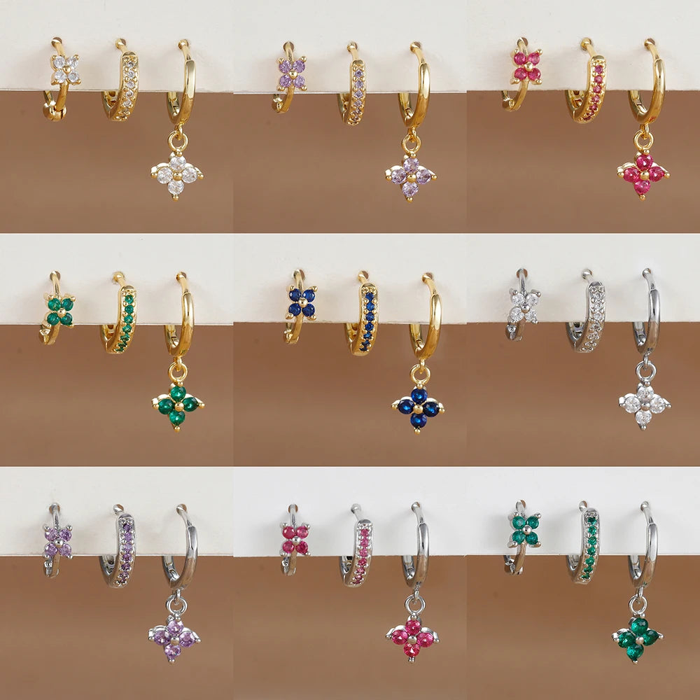 Set 3 Boucles d'Oreilles Pendantes Fleurs Or Femme - Cristaux Zirconia Acier Inoxydable