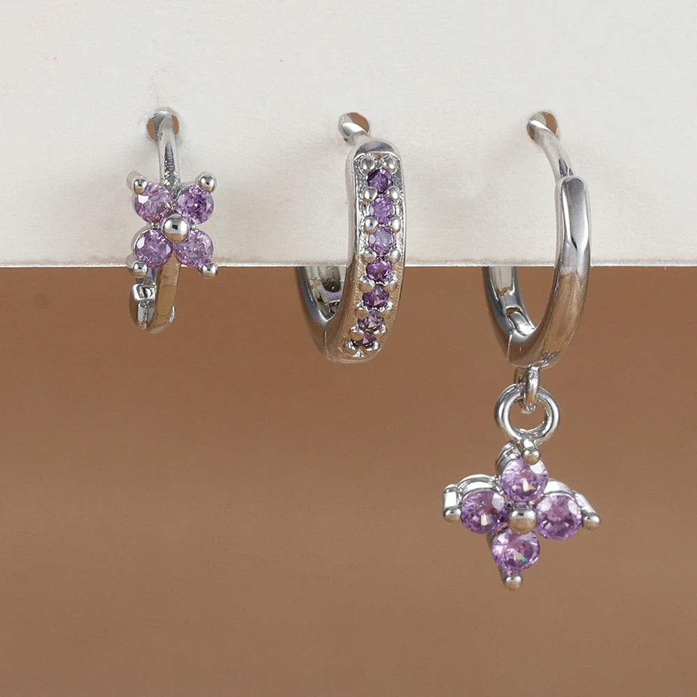 Set 3 Boucles d'Oreilles Pendantes Fleurs Or Femme - Cristaux Zirconia Acier Inoxydable