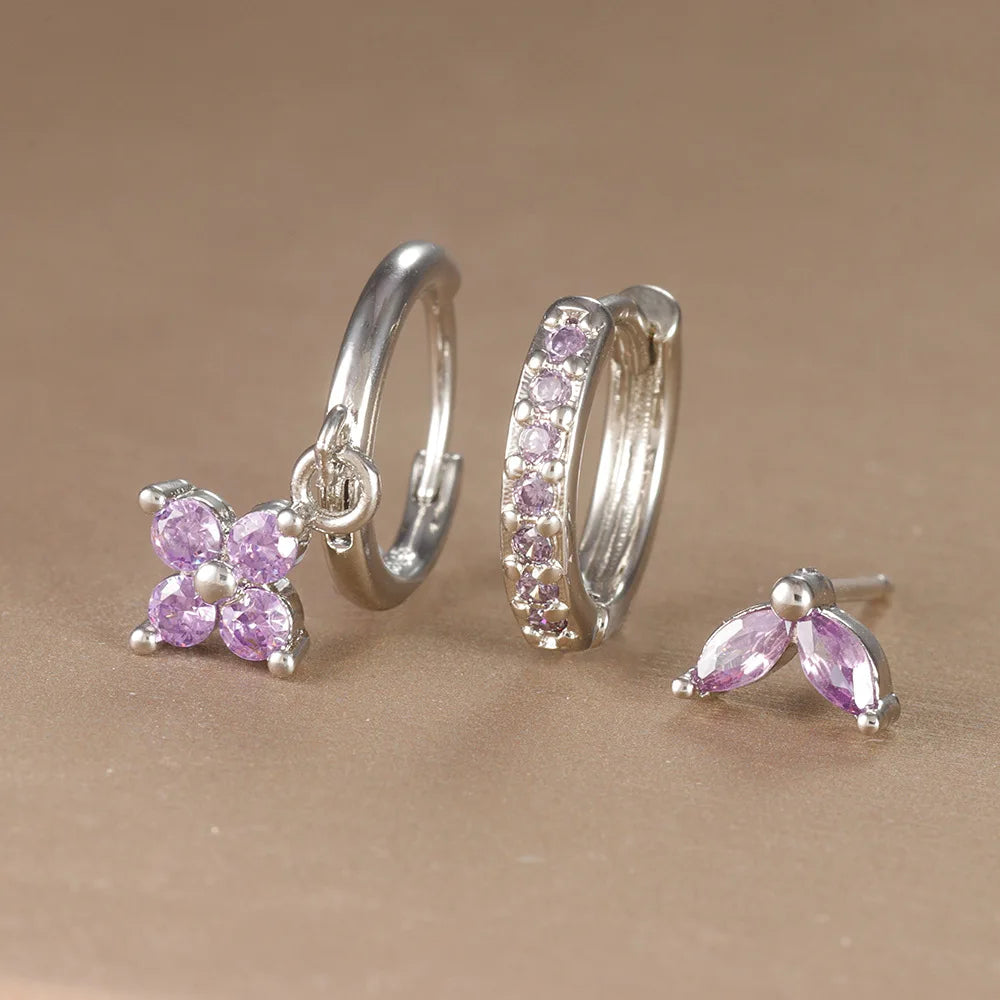 Set 3 Boucles d'Oreilles Pendantes Fleurs Or Femme - Cristaux Zirconia Acier Inoxydable